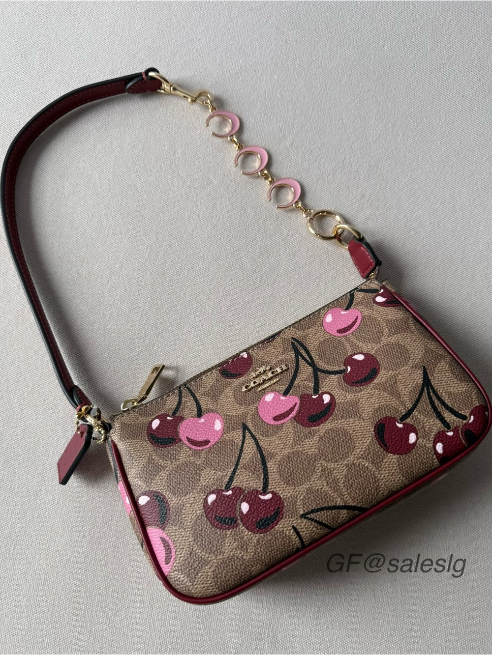 NWT Coach Nolita 19 Cherry Print Tan/Gold Graduation Gift Set+One Chain Extender - Picture 4 of 15